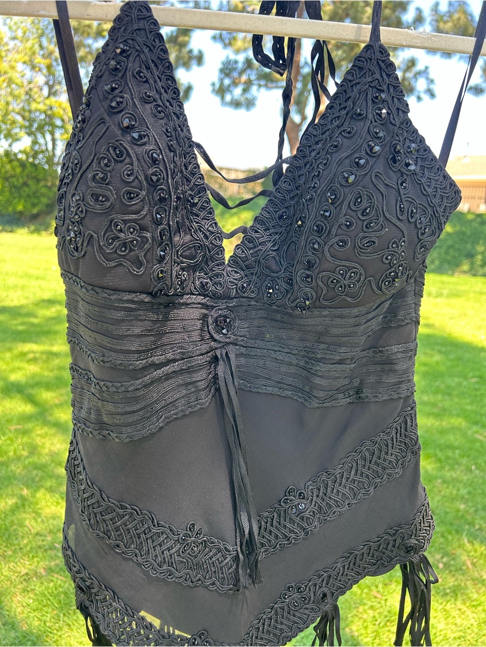 FESTIVAL Must Have Western Black Beaded Embellished Halter Top By CASHE NWT